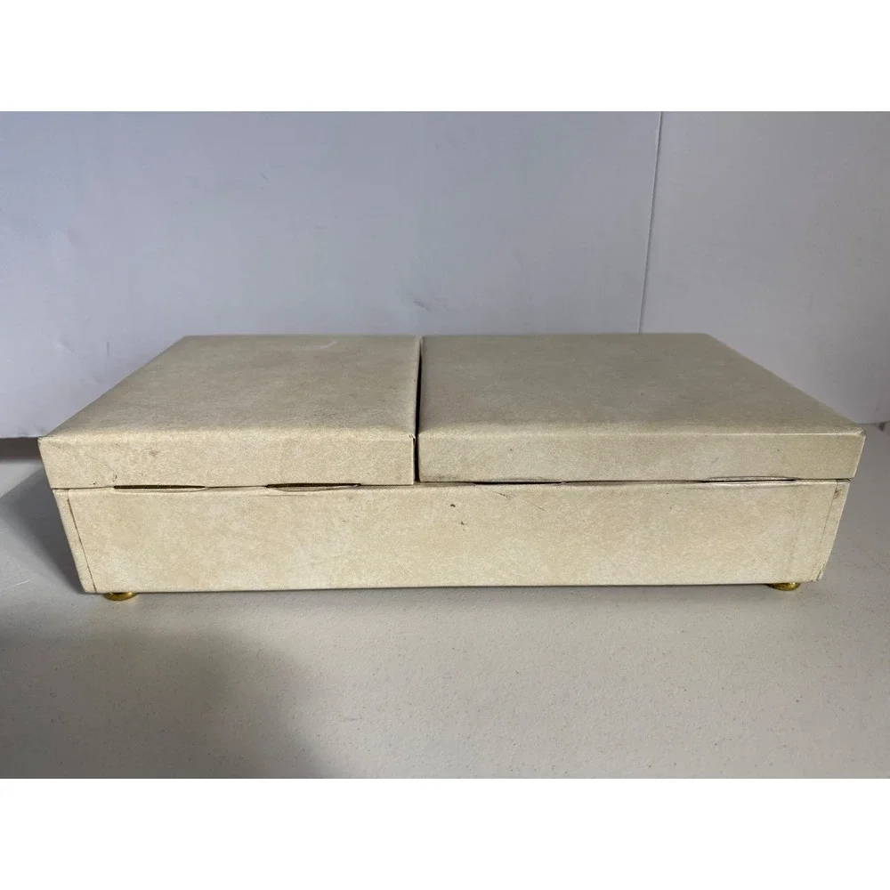 Vintage Lady Buxton Jewelry Box Cream Satin Red Lining Dual/ Hidden Compartment